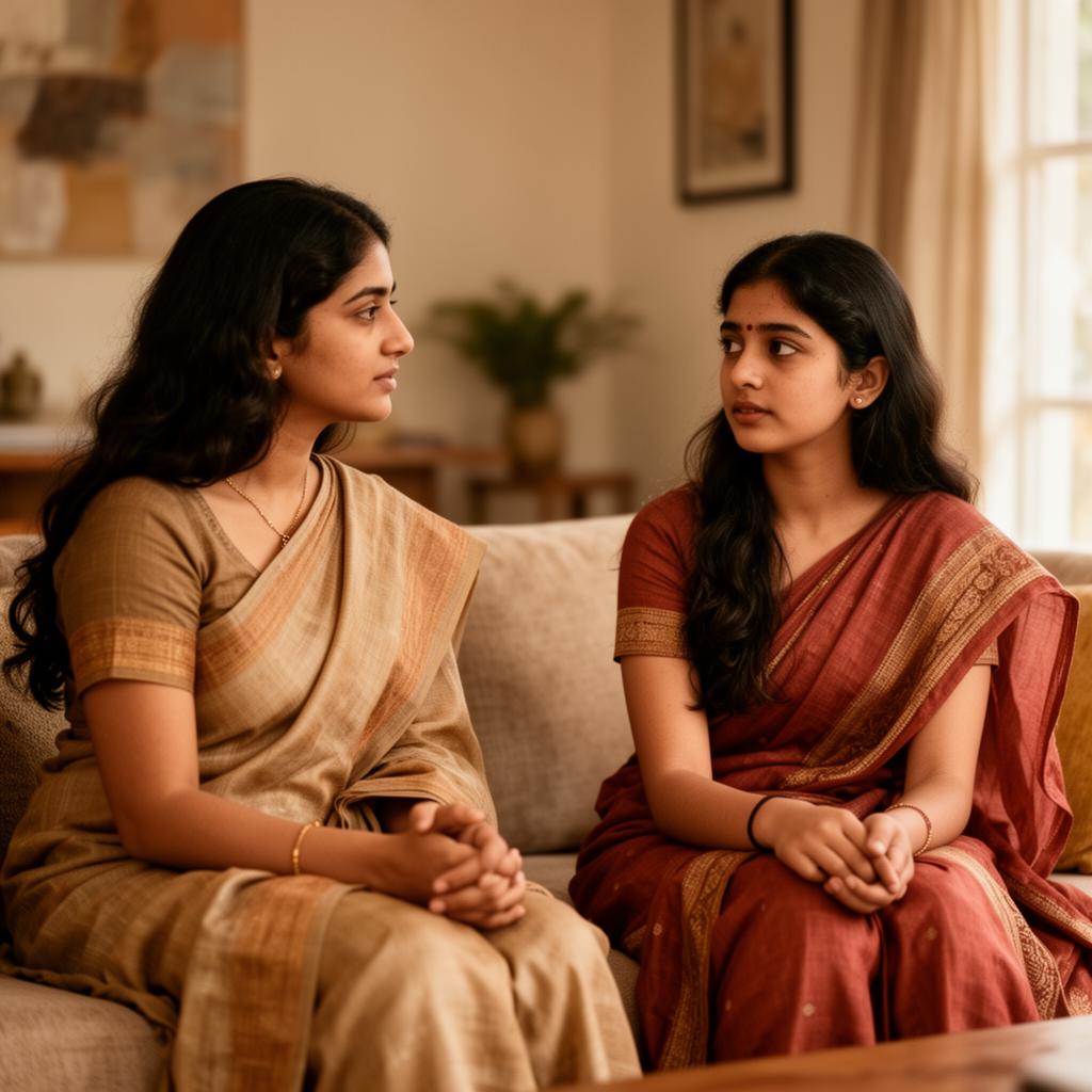 A parent and teen sharing a calm, supportive conversation at home