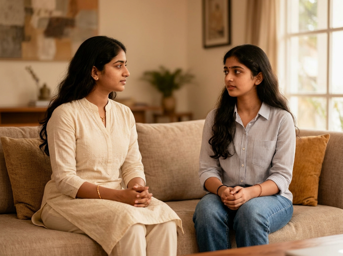 A parent and teen sharing a calm, supportive conversation at home